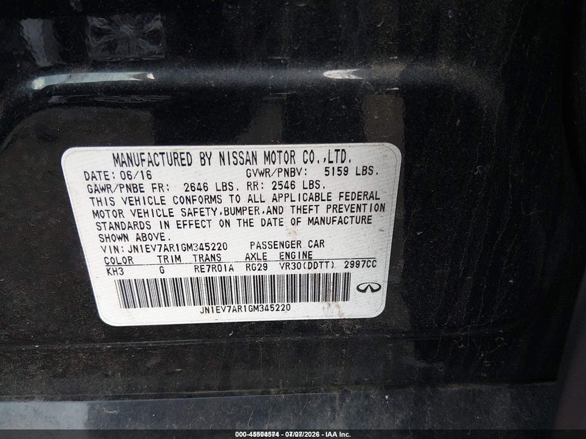 2016 Infiniti Q50 VIN JN1EV7AR1GM345220 IAAI salvage auction — RIGHT FRONT, Clear (Tennessee), sold $1,500 on 2026-07-09 (photo 9)