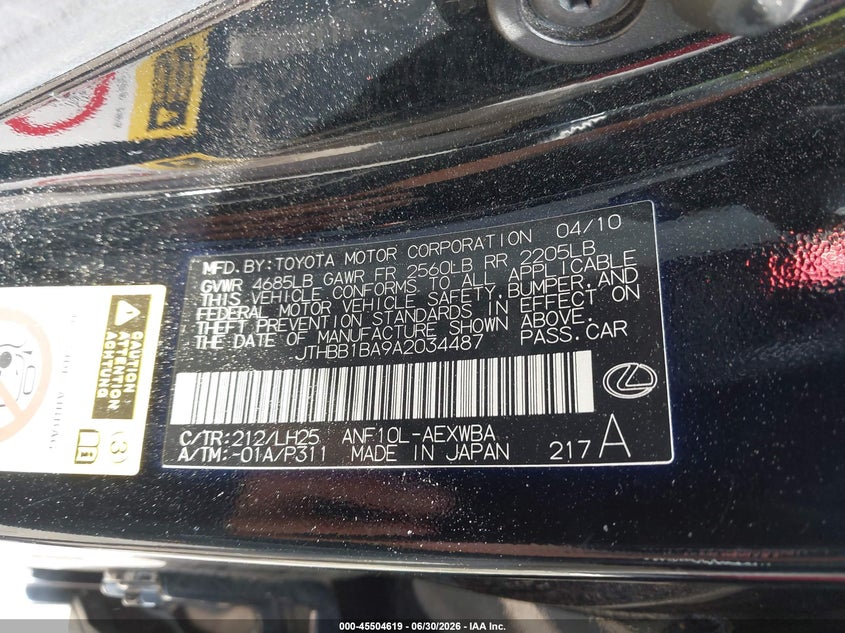 2010 Lexus Hs 250h VIN JTHBB1BA9A2034487 IAAI salvage auction — NORMAL WEAR, Clear (California), sold $875 on 2026-07-24 (photo 9)