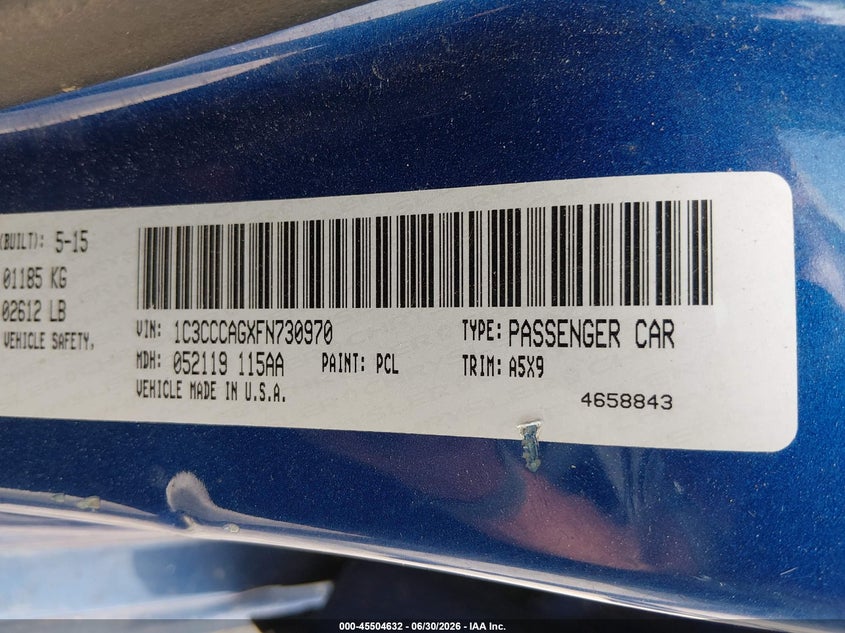 2015 Chrysler 200 VIN 1C3CCCAGXFN730970 IAAI salvage auction — FRONT END, Salvage Title, sold $275 on 2026-07-22 (photo 9)