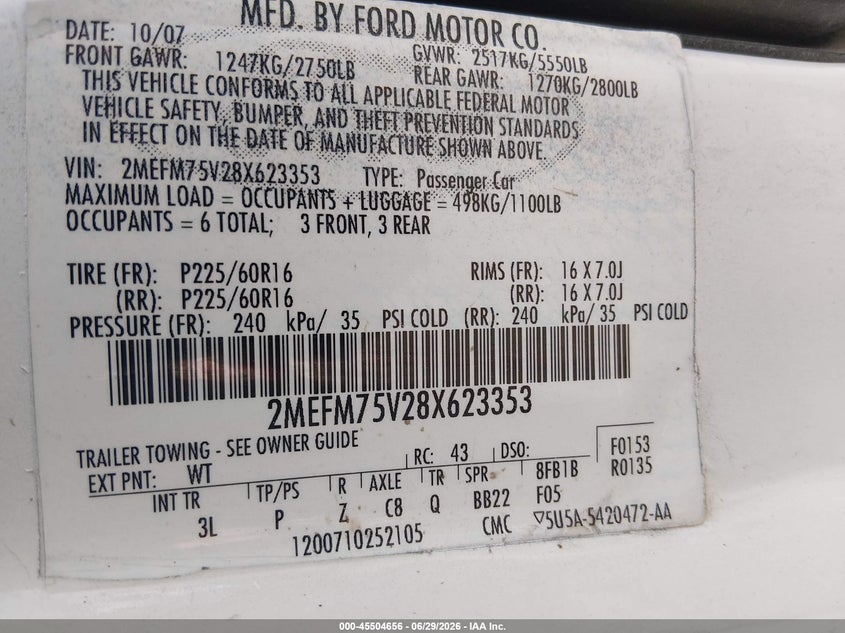 2008 Mercury Grand marquis VIN 2MEFM75V28X623353 IAAI salvage auction — FRONT END, Salvage (Kansas), sold $350 on 2026-07-24 (photo 9)