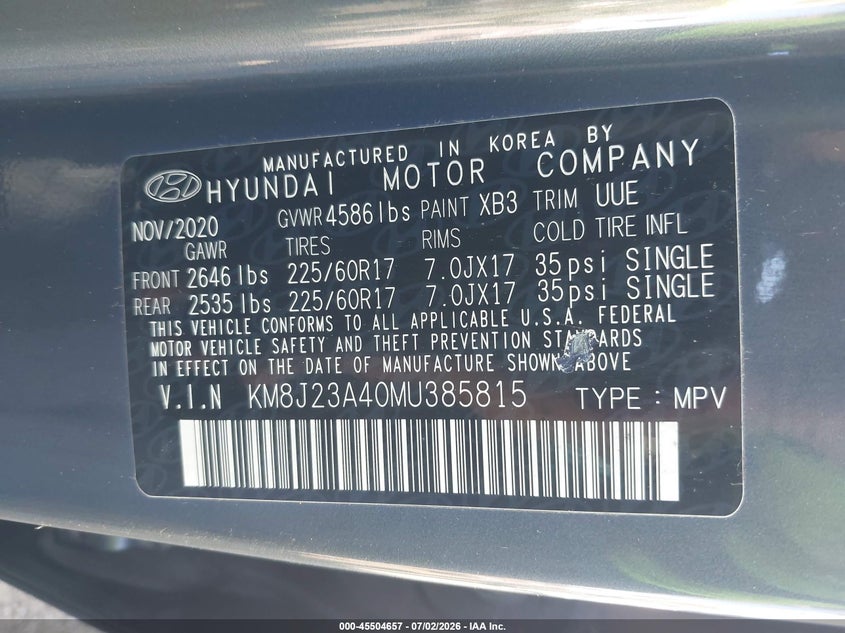 2021 Hyundai Tucson VIN KM8J23A40MU385815 IAAI salvage auction — FRONT END, Salvage Title, sold $3,250 on 2026-07-31 (photo 9)