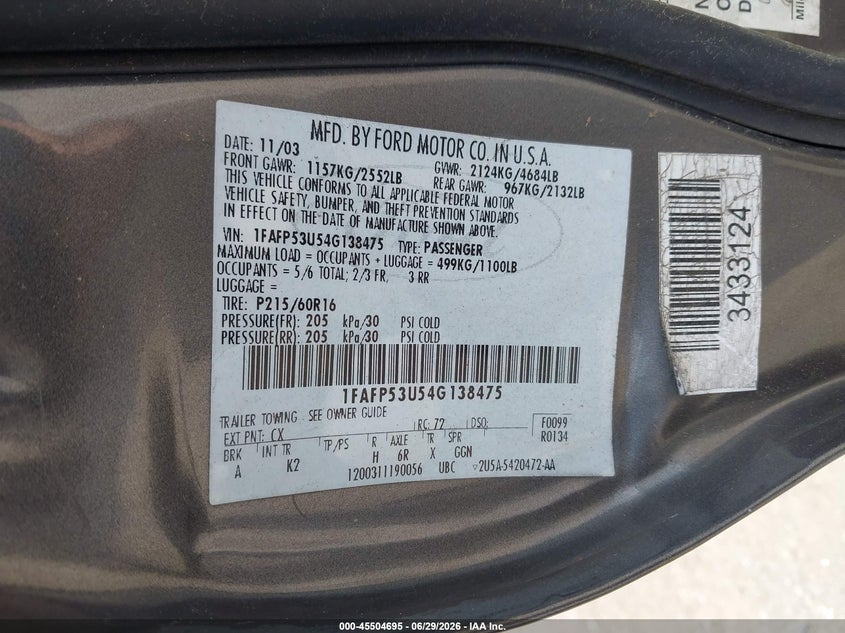 2004 Ford Taurus VIN 1FAFP53U54G138475 IAAI salvage auction — NORMAL WEAR, Clear (Virginia), sold $300 on 2026-07-24 (photo 9)