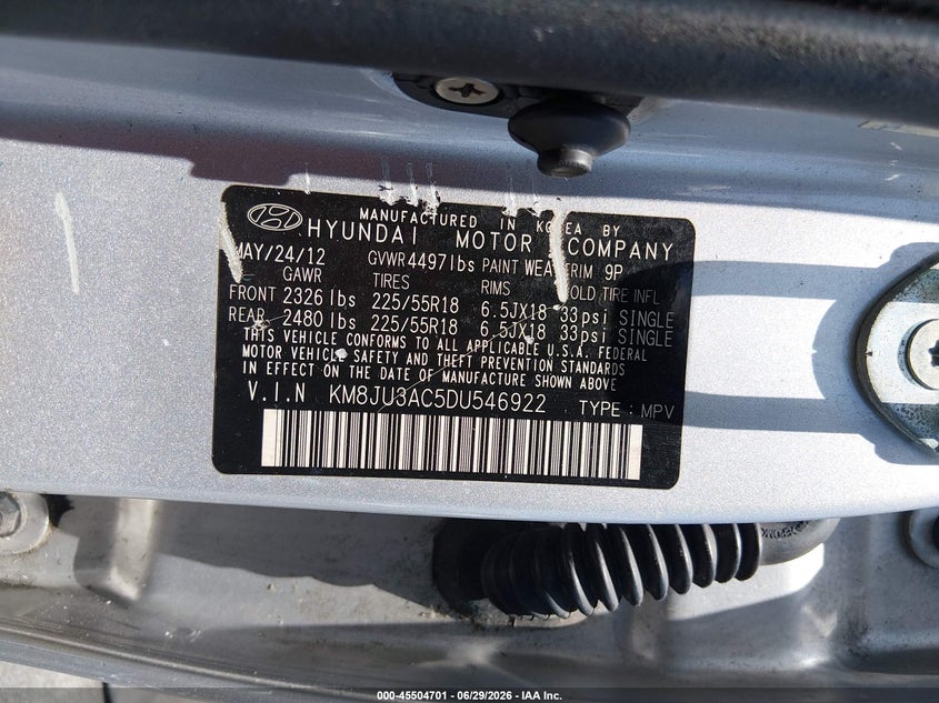 2013 Hyundai Tucson VIN KM8JU3AC5DU546922 IAAI salvage auction — ROOF, Rebuildable (Florida), sold $2,700 on 2026-07-30 (photo 9)