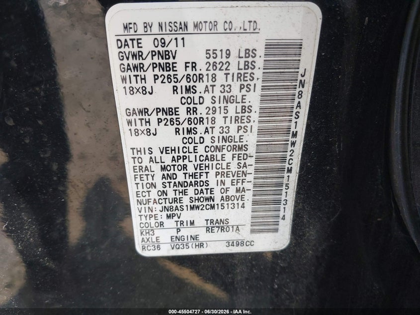 2012 Infiniti Fx VIN JN8AS1MW2CM151314 IAAI salvage auction — RIGHT FRONT, Mv-907A (New York), sold $1,000 on 2026-07-21 (photo 9)