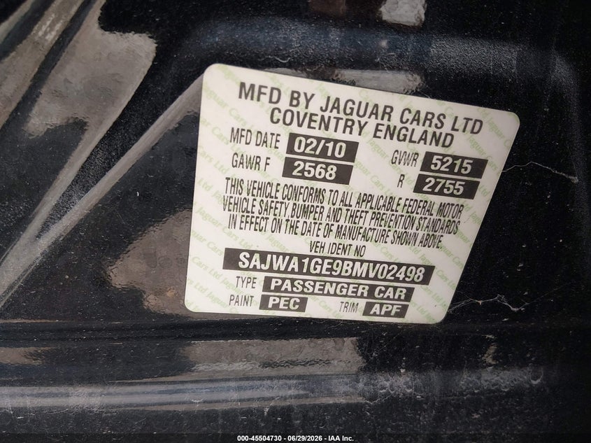 2011 Jaguar Xj series VIN SAJWA1GE9BMV02498 IAAI salvage auction — NORMAL WEAR, Original (Ohio), sold $350 on 2026-07-30 (photo 9)