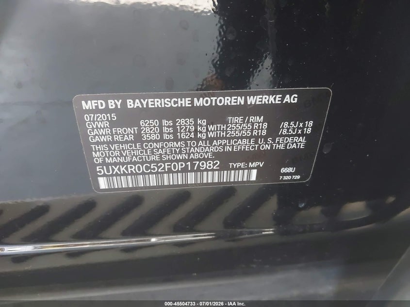 2015 BMW X5 VIN 5UXKR0C52F0P17982 IAAI salvage auction — FRONT END, Salvage Title, sold $3,650 on 2026-07-30 (photo 9)
