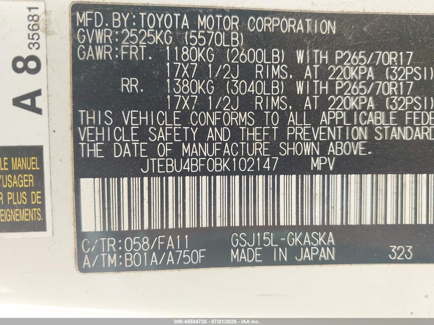 2011 Toyota Fj cruiser VIN JTEBU4BF0BK102147 IAAI salvage auction — FRONT END, Salvage (North Carolina), sold $7,400 on 2026-07-30 (photo 9)