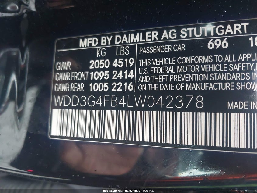 2020 Mercedes-benz A-klasse VIN WDD3G4FB4LW042378 IAAI salvage auction — SIDE, Salvage (Massachusetts), sold $11,000 on 2026-08-11 (photo 9)