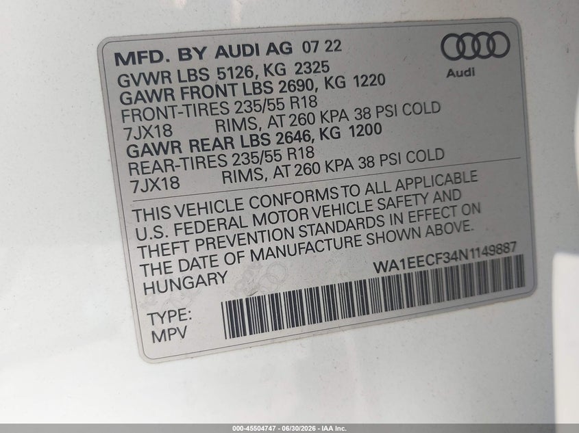 2022 Audi Q3 VIN WA1EECF34N1149887 IAAI salvage auction — SIDE, Salvage Title, sold $11,150 on 2026-09-09 (photo 9)