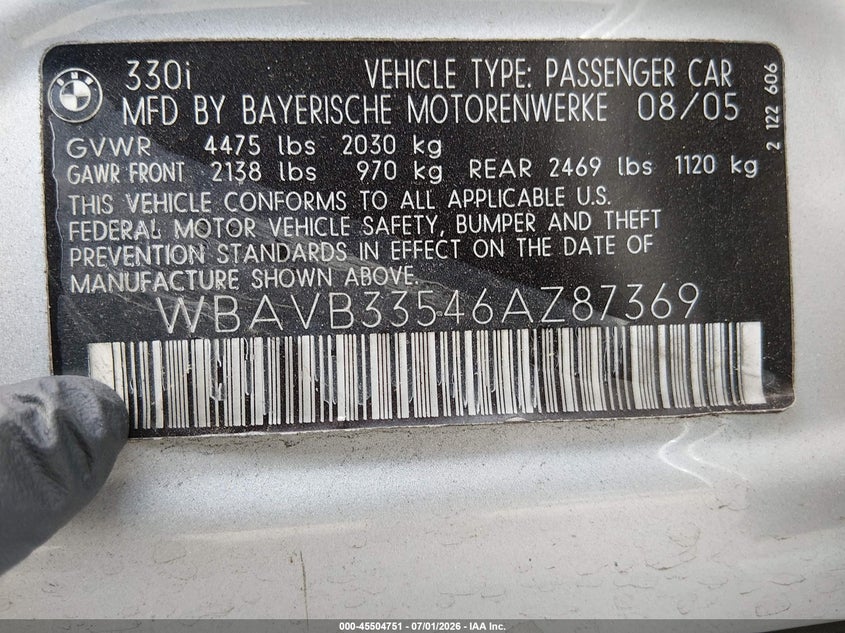 2006 BMW 3 series VIN WBAVB33546AZ87369 IAAI salvage auction — REAR END, Bill Of Sale (Washington), sold $775 on 2026-07-22 (photo 9)