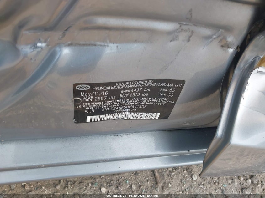 2017 Hyundai Sonata VIN 5NPE24AF5HH441308 IAAI salvage auction — SIDE, Rebuildable (Florida), sold $950 on 2026-07-31 (photo 9)