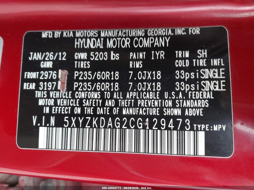 2012 Hyundai Santa fe VIN 5XYZKDAG2CG129473 IAAI salvage auction — NORMAL WEAR, Clear (Washington), sold $600 on 2026-07-22 (photo 9)
