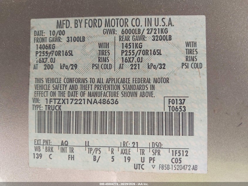 2001 Ford F-150 VIN 1FTZX17221NA48636 IAAI salvage auction — LEFT FRONT, Bill Of Sale (Georgia), sold $300 on 2026-07-08 (photo 9)