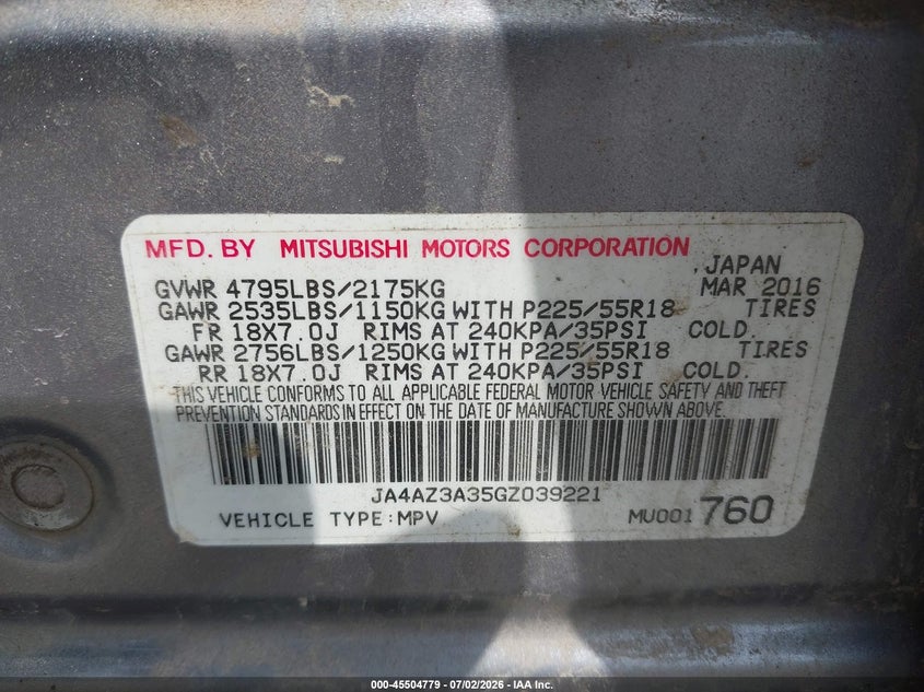 2016 Mitsubishi Outlander VIN JA4AZ3A35GZ039221 IAAI salvage auction — FRONT END, Salvage (Pennsylvania), sold $1,400 on 2026-07-21 (photo 9)