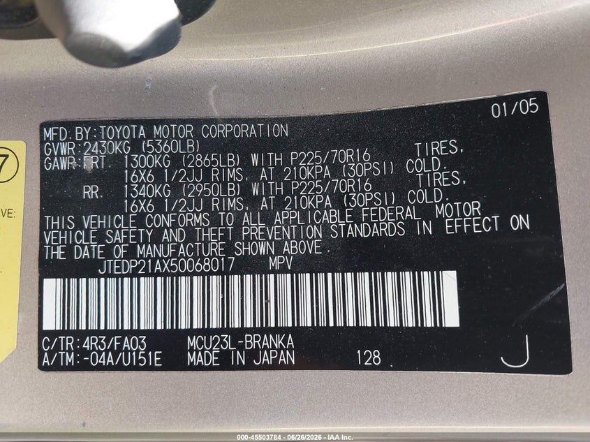 2005 Toyota Highlander VIN JTEDP21AX50068017 IAAI salvage auction — NORMAL WEAR, Clear - Dealer Only (California), sold $425 on 2026-07-29 (photo 9)
