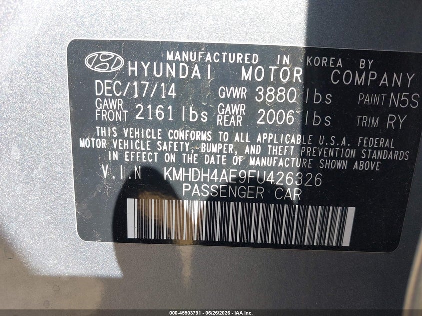 2015 Hyundai Elantra VIN KMHDH4AE9FU426326 IAAI salvage auction — REAR END, Salvage (California), sold $300 on 2026-07-17 (photo 9)