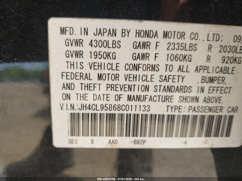 2008 Acura Tsx VIN JH4CL95868C011133 IAAI salvage auction — REAR END, Salvage (Tennessee), sold $4,050 on 2026-07-15 (photo 9)