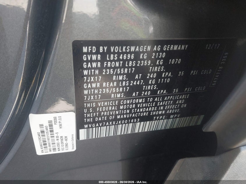 2018 Volkswagen Tiguan VIN WVGAV7AXXJK001653 IAAI salvage auction — FRONT END, Salvage (California), sold $3,075 on 2026-07-13 (photo 9)