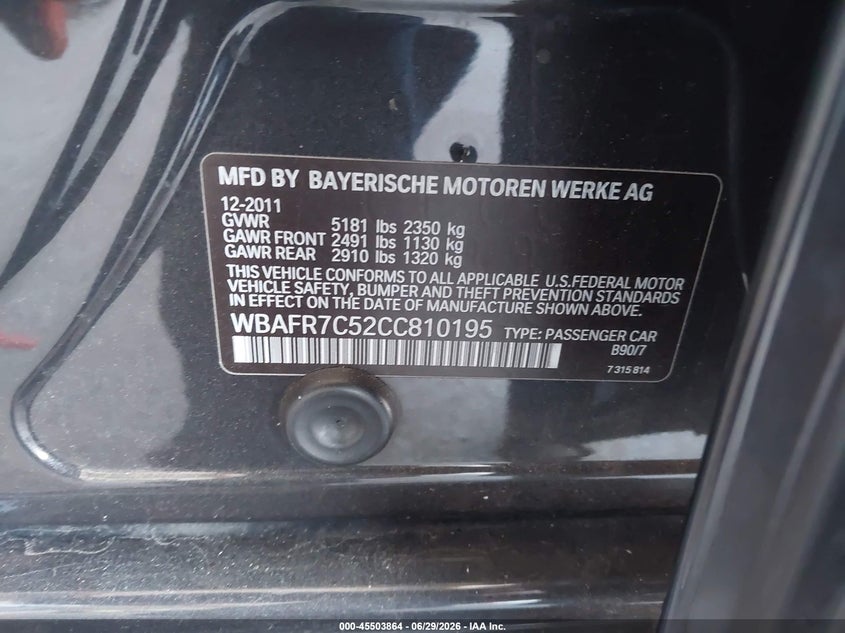 2012 BMW 5er VIN WBAFR7C52CC810195 IAAI salvage auction — SIDE, Salvage (California), sold $1,225 on 2026-07-30 (photo 9)