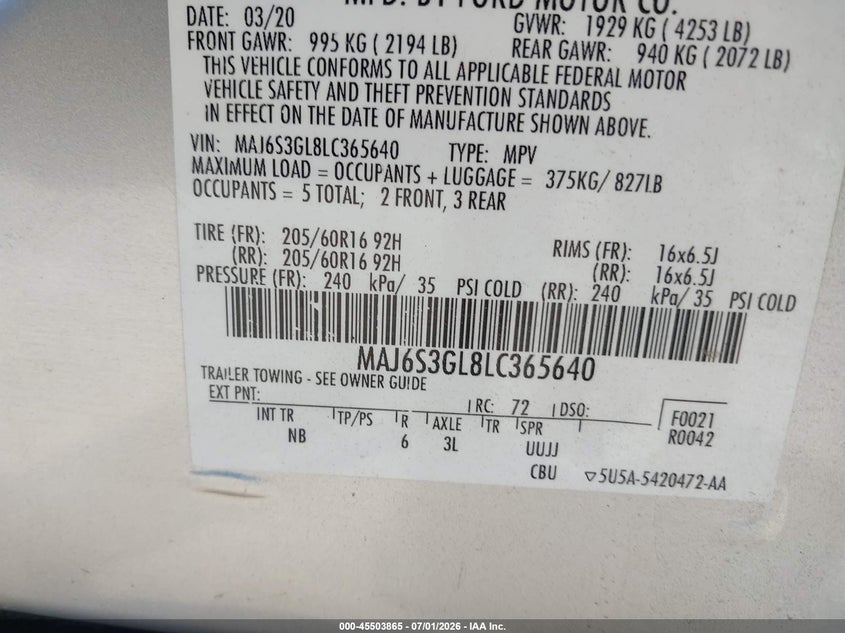 2020 Ford Ecosport VIN MAJ6S3GL8LC365640 IAAI salvage auction — FRONT END, Salvage Title, sold $25 on 2026-07-24 (photo 9)