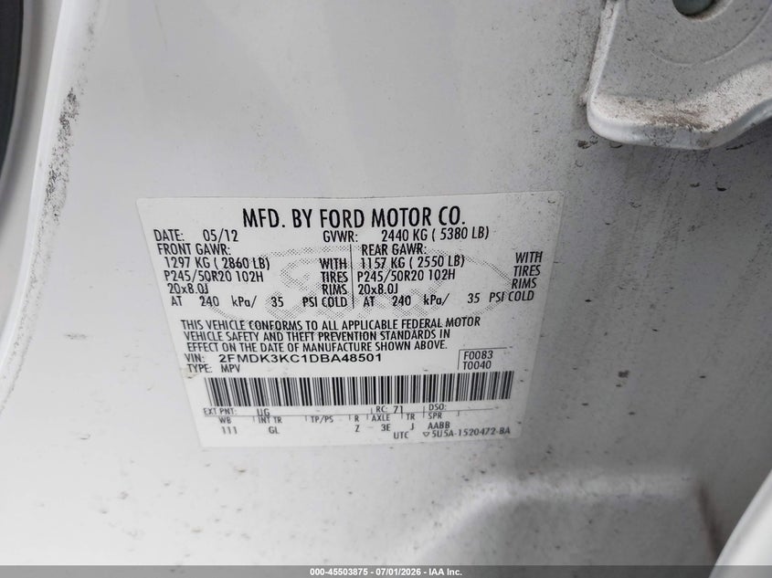 2013 Ford Edge VIN 2FMDK3KC1DBA48501 IAAI salvage auction — FRONT END, Salvage Title, sold $675 on 2026-07-31 (photo 9)