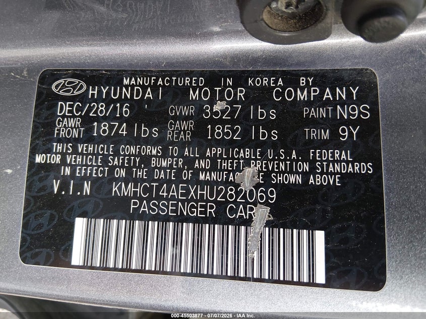 2017 Hyundai Accent VIN KMHCT4AEXHU282069 IAAI salvage auction — NORMAL WEAR, Original (Ohio), sold $875 on 2026-07-29 (photo 9)