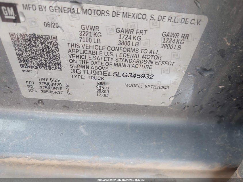 2020 Gmc SIERRA VIN 3GTU9DEL5LG345932 IAAI salvage auction — LEFT REAR, Salvage (Oklahoma), sold $11,500 on 2026-07-29 (photo 9)