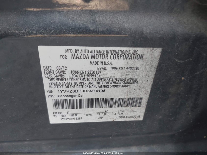 2013 Mazda 6 VIN 1YVHZ8BH3D5M16198 IAAI salvage auction — NORMAL WEAR, Original (Texas), sold $325 on 2026-07-09 (photo 9)