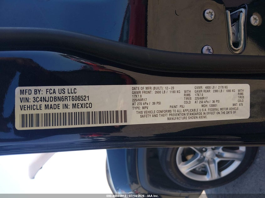 2024 Jeep Compass VIN 3C4NJDBN6RT606521 IAAI salvage auction — MECHANICAL, Enterprise Vehicles Clear Only (Alabama), sold $7,775 on 2026-07-29 (photo 9)