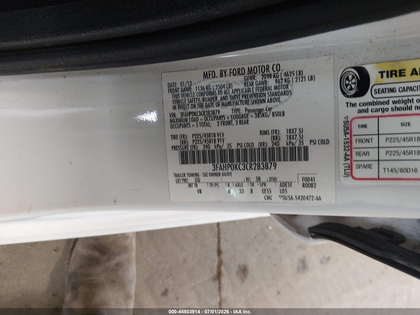 2012 Ford Fusion VIN 3FAHP0KC3CR283879 IAAI salvage auction — SIDE, Salvage Title, sold $300 on 2026-07-22 (photo 9)