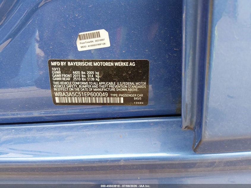 2014 BMW 3er VIN WBA3A5C51EP600049 IAAI salvage auction — LEFT FRONT, Salvage Title, sold $1,375 on 2026-08-12 (photo 9)