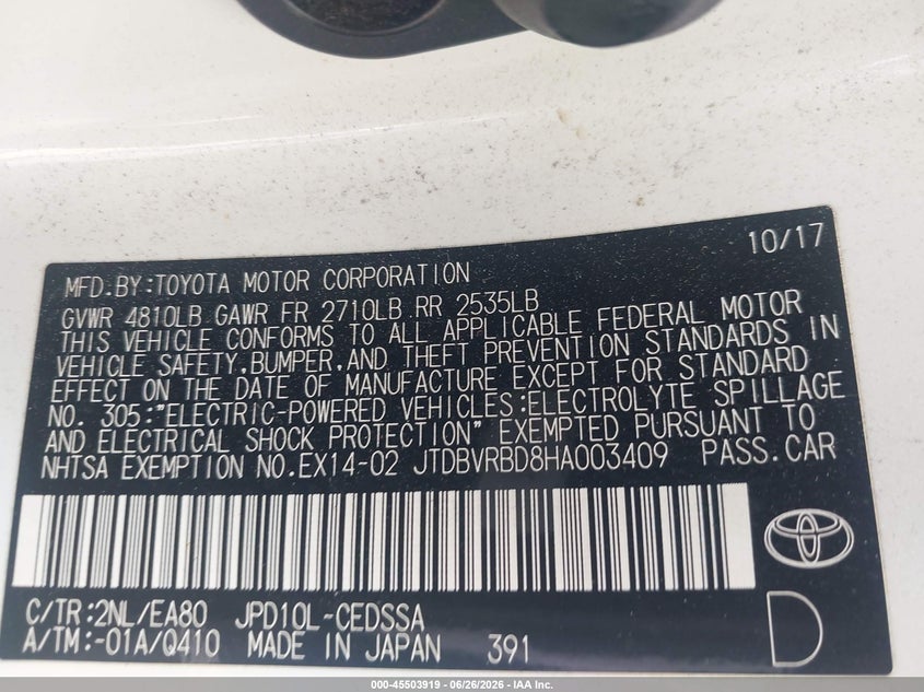 2017 Toyota Mirai VIN JTDBVRBD8HA003409 IAAI salvage auction — NORMAL WEAR, Salvage (California), sold $700 on 2026-07-29 (photo 9)