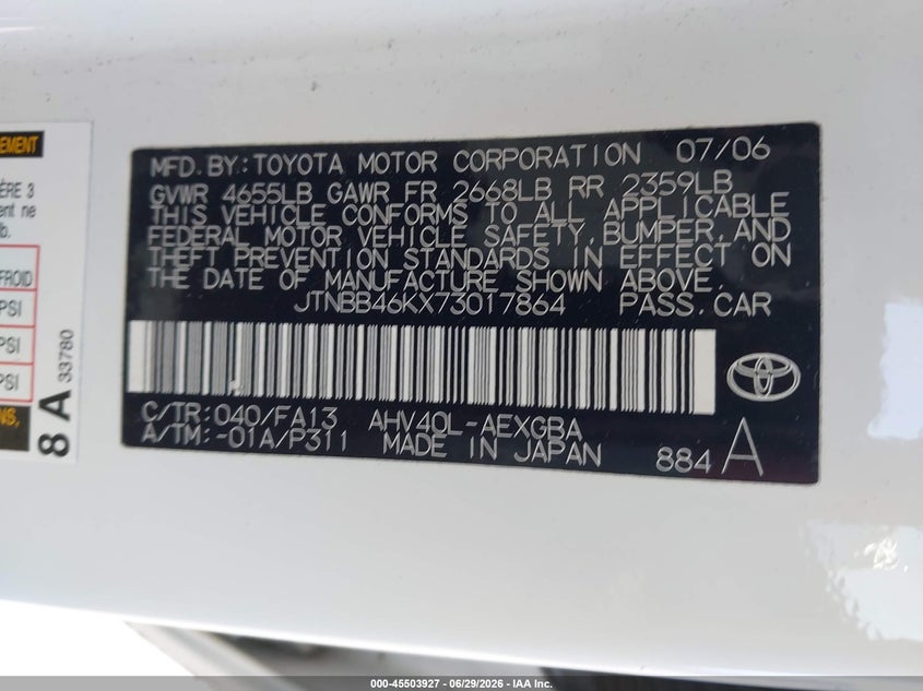 2007 Toyota Camry hybrid VIN JTNBB46KX73017864 IAAI salvage auction — SIDE, Salvage (California), sold $1,800 on 2026-07-10 (photo 9)