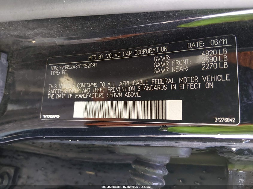 2012 Volvo S80 VIN YV1952AS1C1152091 IAAI salvage auction — LEFT SIDE, Clear (Indiana), sold $25 on 2026-07-29 (photo 9)