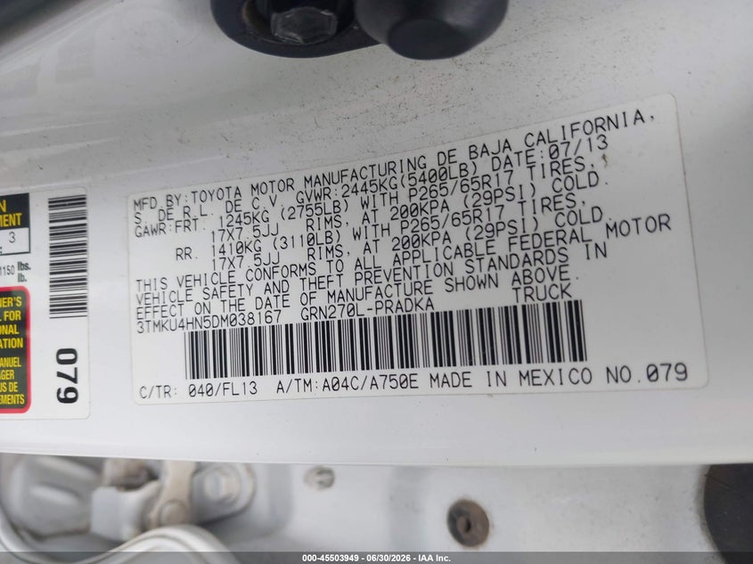 2013 Toyota Tacoma VIN 3TMKU4HN5DM038167 IAAI salvage auction — SIDE, Salvage Title, sold $5,900 on 2026-07-12 (photo 9)