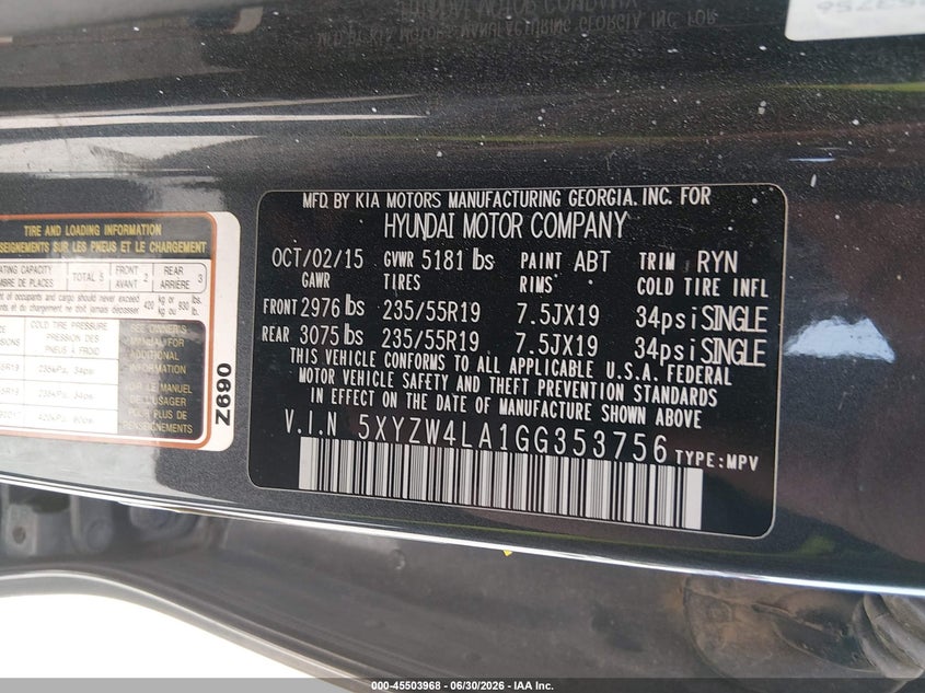 2016 Hyundai Santa fe VIN 5XYZW4LA1GG353756 IAAI salvage auction — NORMAL WEAR, Clear (Missouri), sold $500 on 2026-07-09 (photo 9)