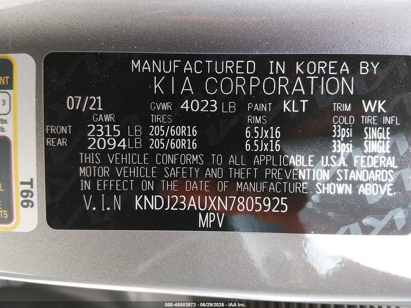 2022 Kia Soul VIN KNDJ23AUXN7805925 IAAI salvage auction — FRONT & REAR, Salvage (California), sold $1,850 on 2026-07-28 (photo 9)