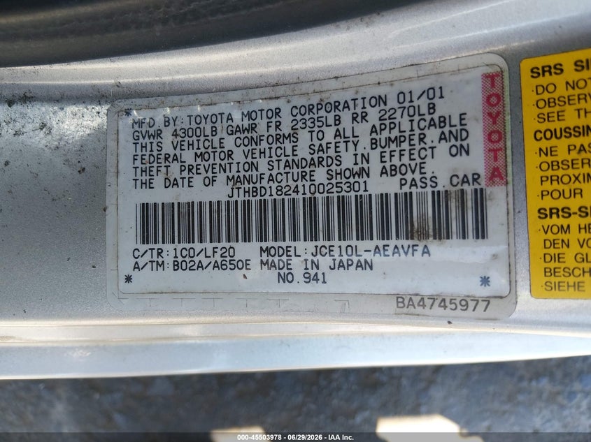 2001 Lexus Is VIN JTHBD182410025301 IAAI salvage auction — FRONT END, Salvage (California), sold $475 on 2026-07-11 (photo 9)