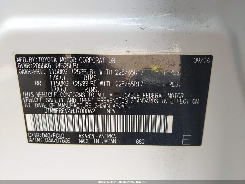 2017 Toyota Rav 4 VIN JTMWFREV4HJ700062 IAAI salvage auction — REAR END, Salvage (Alabama), sold $6,100 on 2026-07-29 (photo 9)