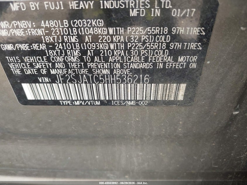 2017 Subaru Forester VIN JF2SJATC5HH536216 IAAI salvage auction — ENGINE DAMAGE, Salvage (North Carolina), sold $675 on 2026-07-31 (photo 9)