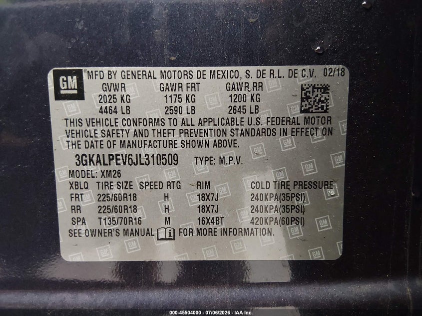 2018 Gmc Terrain VIN 3GKALPEV6JL310509 IAAI salvage auction — FRONT & REAR, Salvage (Connecticut), sold $3,350 on 2026-07-28 (photo 9)