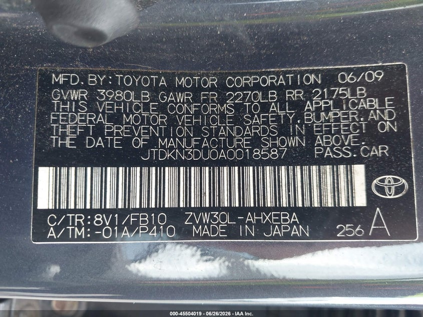 2010 Toyota Prius VIN JTDKN3DU0A0018587 IAAI salvage auction — NORMAL WEAR, Clear (Florida), sold $1,850 on 2026-07-13 (photo 9)