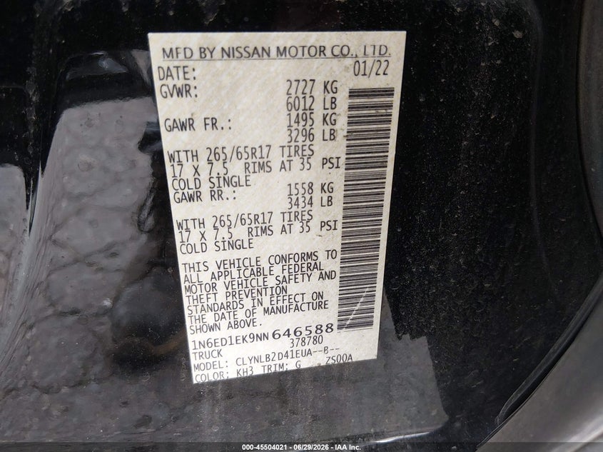 2022 Nissan Navara (frontier) VIN 1N6ED1EK9NN646588 IAAI salvage auction — LEFT FRONT, Clear (Washington), sold $13,750 on 2026-07-23 (photo 9)