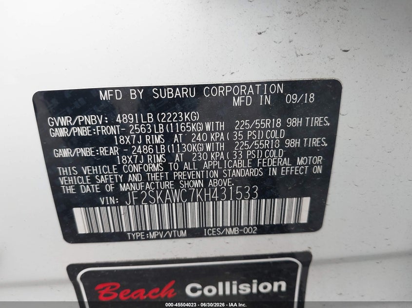 2019 Subaru Forester VIN JF2SKAWC7KH431533 IAAI salvage auction — FRONT END, Salvage Certificate (California), sold $2,250 on 2026-07-31 (photo 9)