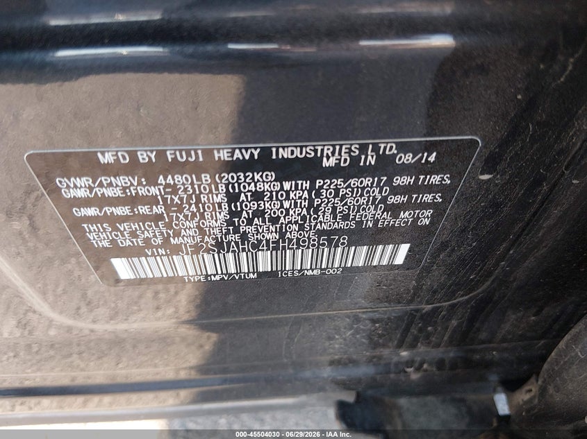2015 Subaru Forester VIN JF2SJAHC4FH498578 IAAI salvage auction — REAR END, Salvage (Iowa), sold $650 on 2026-07-28 (photo 9)