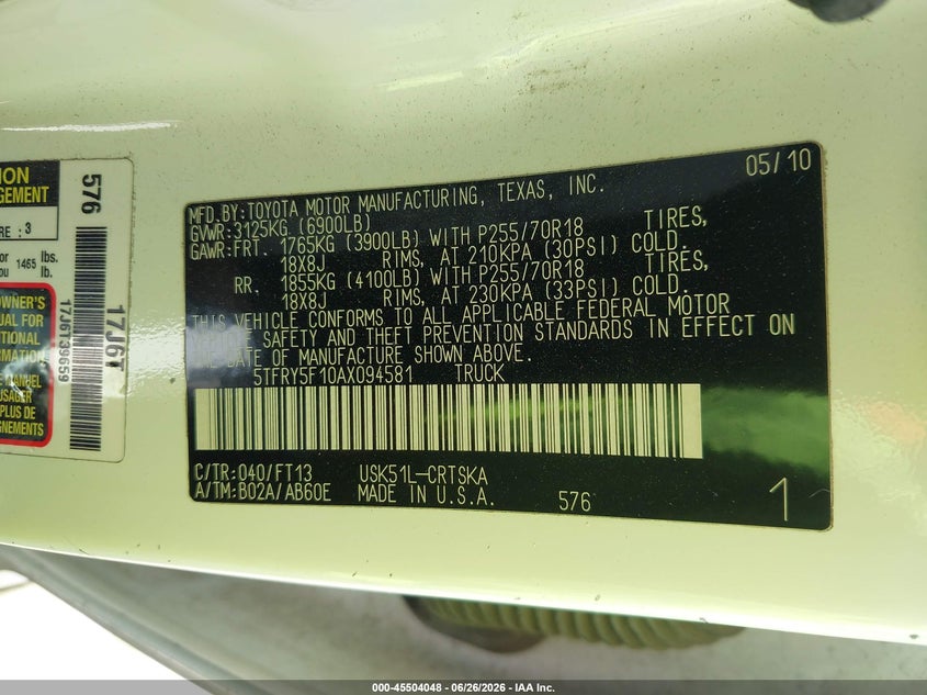 2010 Toyota Tundra VIN 5TFRY5F10AX094581 IAAI salvage auction — FRONT END, Salvage (California), sold $6,600 on 2026-07-15 (photo 9)
