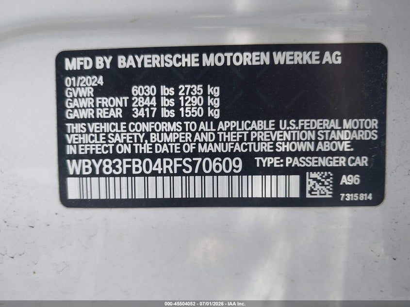 2024 BMW I4 VIN WBY83FB04RFS70609 IAAI salvage auction — FRONT END, Salvage Title, sold $18,300 on 2026-08-19 (photo 9)