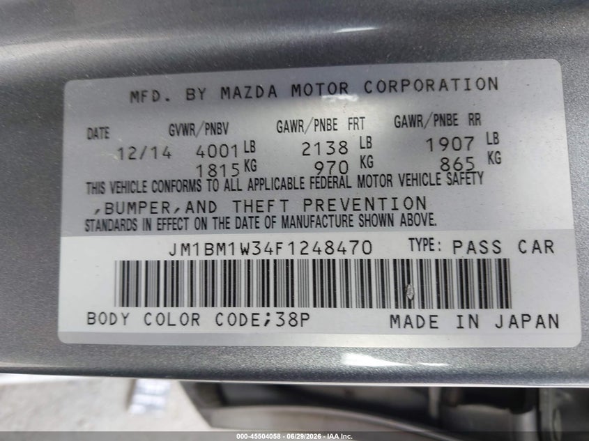 2015 Mazda 3 VIN JM1BM1W34F1248470 IAAI salvage auction — LEFT SIDE, Salvage Title, sold $1,875 on 2026-07-29 (photo 9)