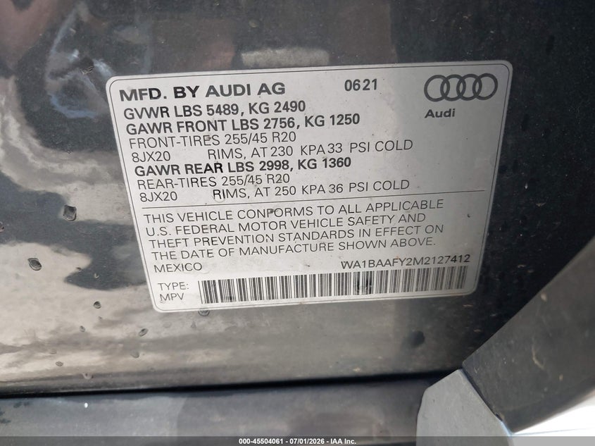 2021 Audi Q5 VIN WA1BAAFY2M2127412 IAAI salvage auction — FRONT END, Salvage (Ohio), sold $13,400 on 2026-07-11 (photo 9)