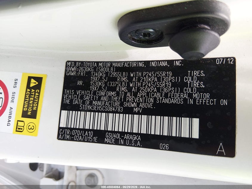 2012 Toyota Highlander VIN 5TDYK3EH5CS084783 IAAI salvage auction — FRONT & REAR, Rebuildable (Florida), sold $3,350 on 2026-07-14 (photo 9)
